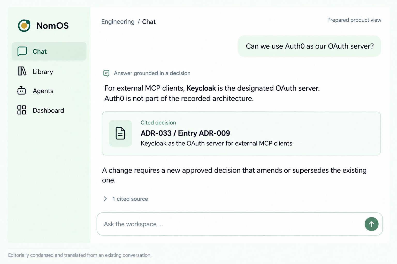 Prepared NomOS view: the question about Auth0 is answered using the decision for Keycloak. A change requires a new approved decision. Source: ADR-033, entry ADR-009.